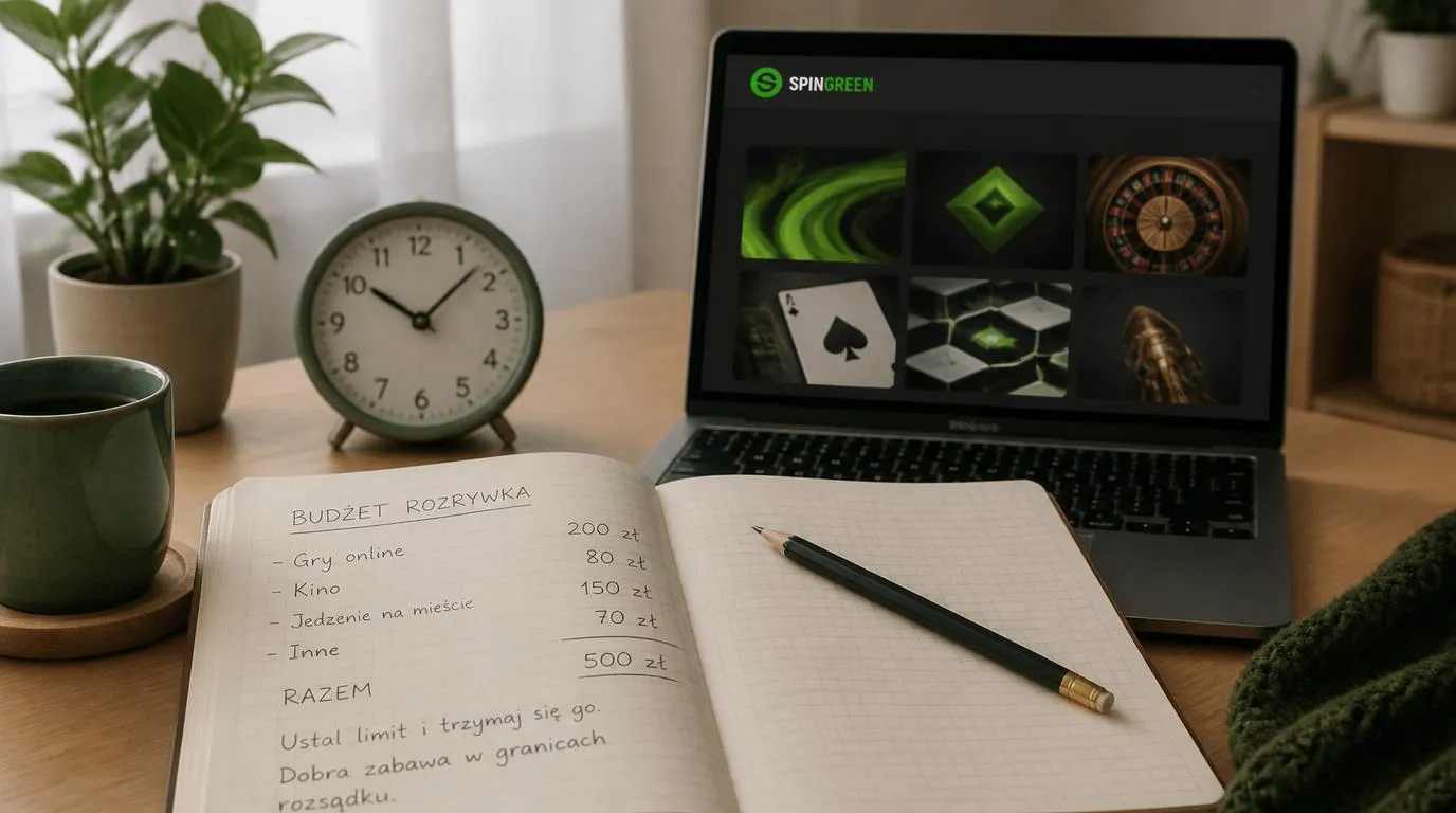 Notes z budżetem na rozrywkę obok laptopa i zegara przypominającego o czasie spędzonym na grze