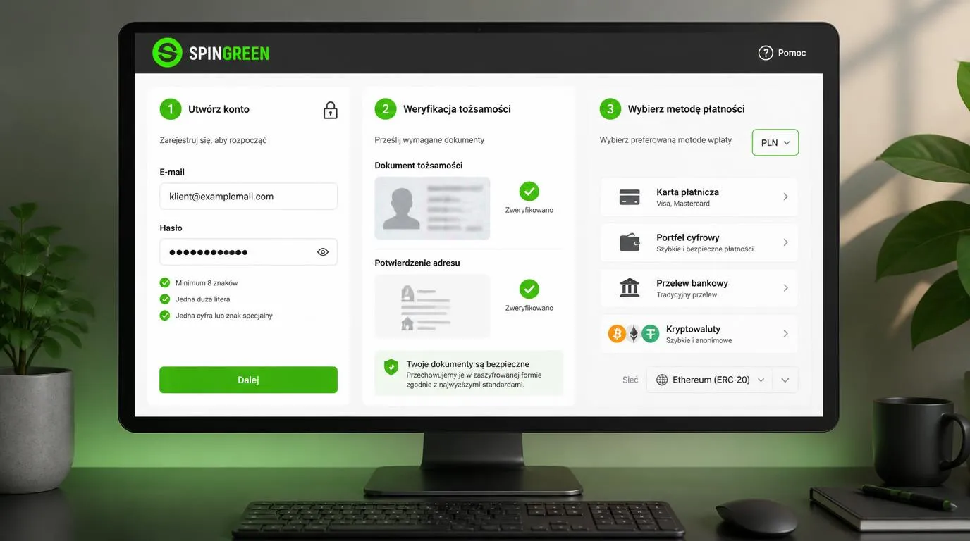 Panel konta z formularzem rejestracji, weryfikacją dokumentów i wyborem metody wpłaty