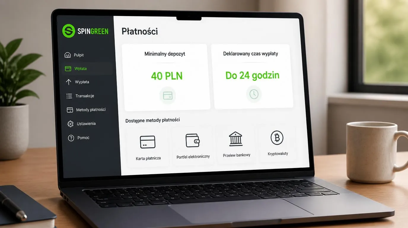 Panel płatności z depozytem 40 PLN, terminem wypłaty do 24 godzin i ikonami dostępnych metod