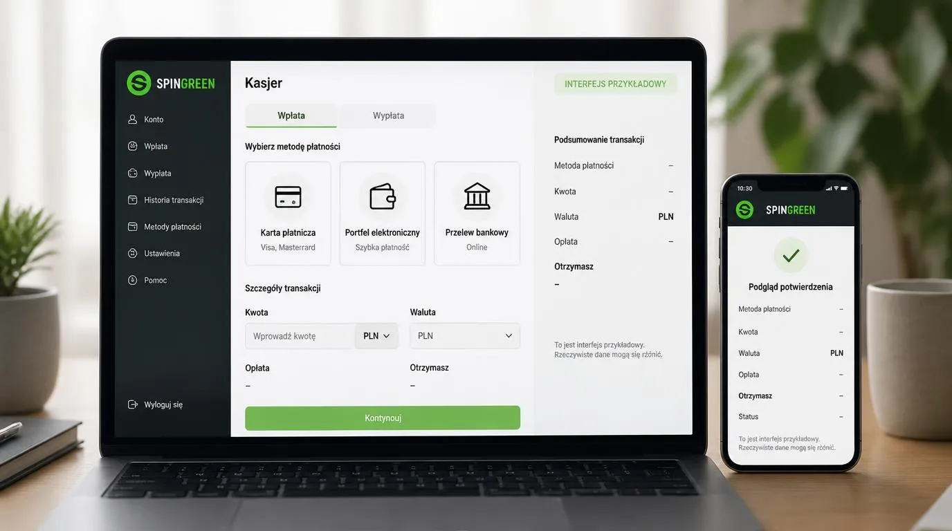 Przykładowy panel kasy z saldem w PLN, wyborem karty, portfela elektronicznego i przelewu