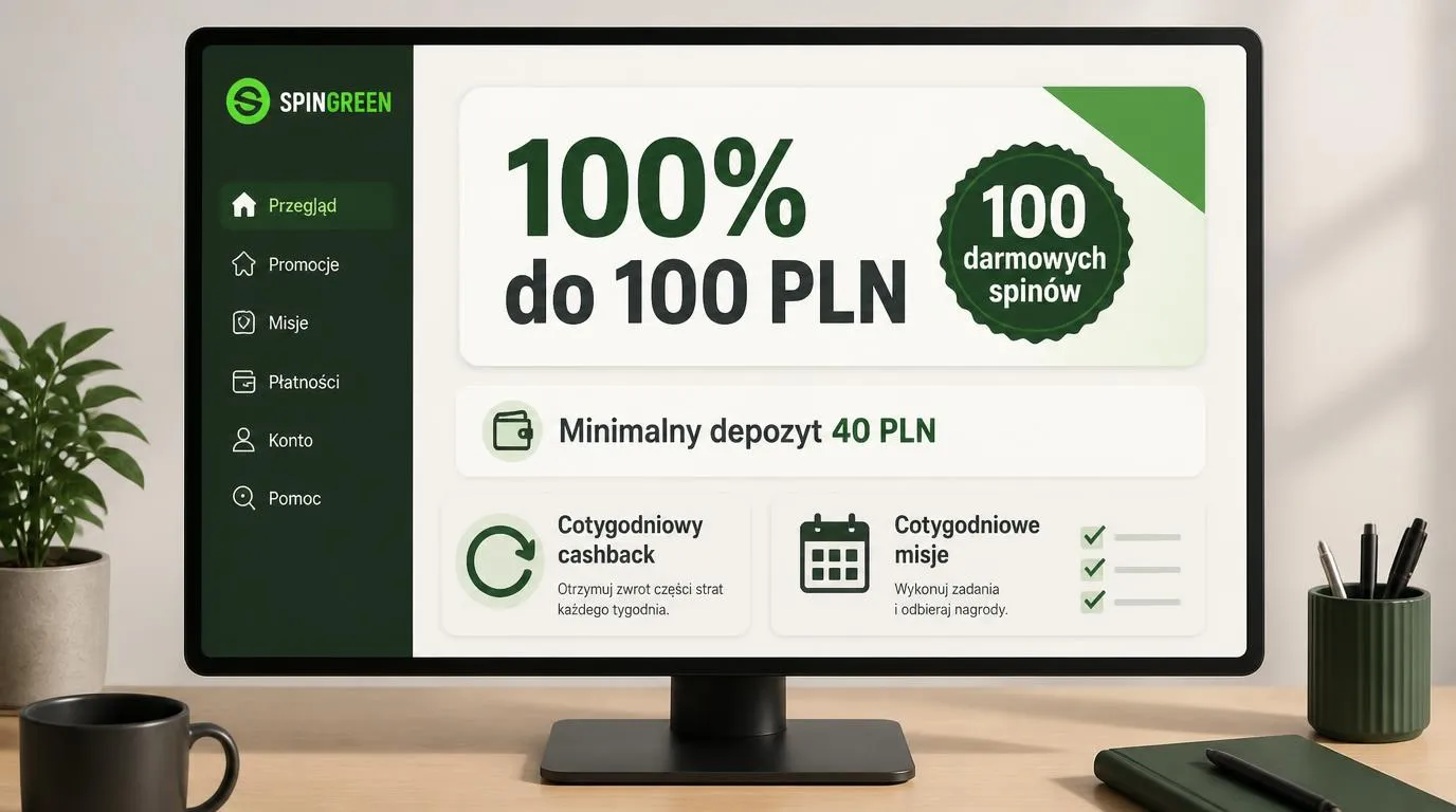 Panel promocji z bonusem 100% do 100 PLN, 100 darmowymi spinami i minimalnym depozytem 40 PLN